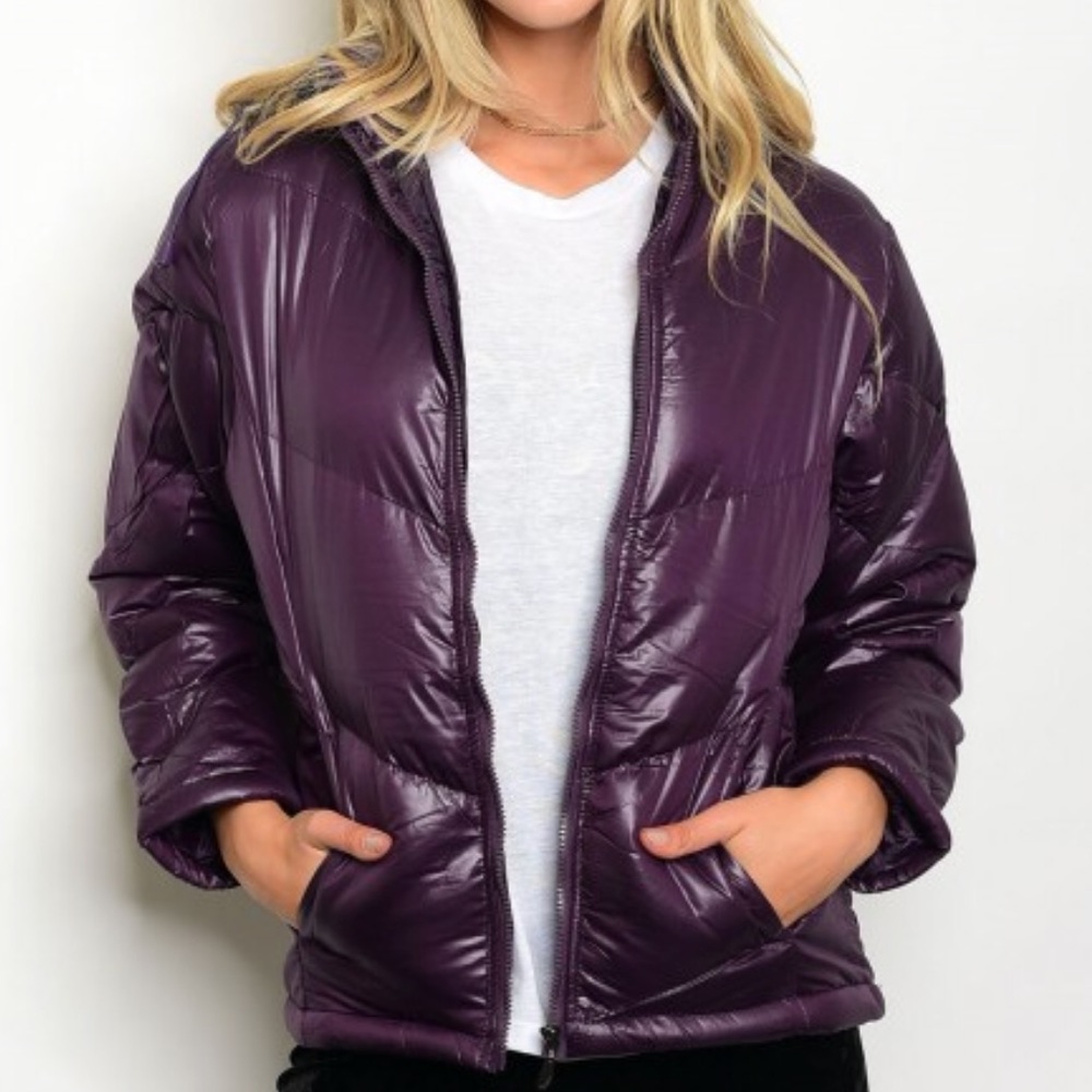Eggplant Color Hooded Puffer Jacket - Picture 6 of 8